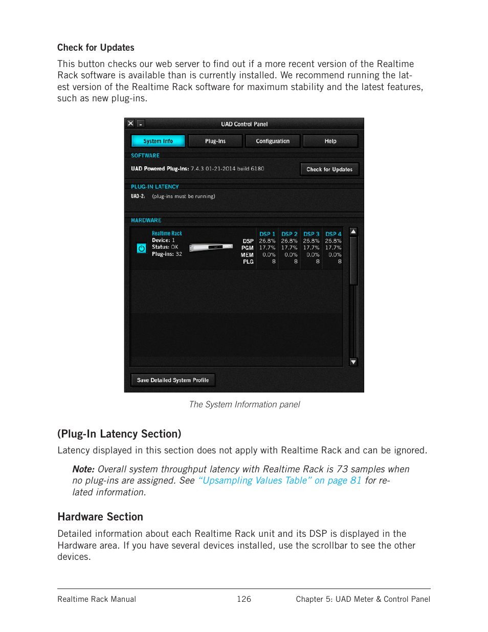 Check for updates, Plug-in latency section), Hardware section | Plug-in latency section) hardware section | Universal Audio Realtime Rack User Manual | Page 126 / 155