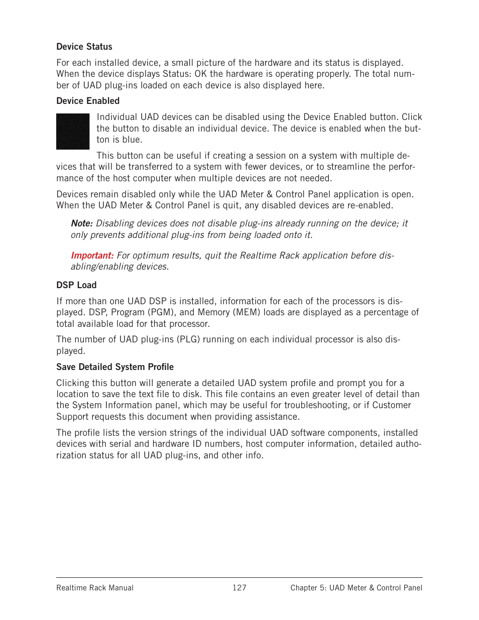 Device status, Device enabled, Dsp load | Save detailed system profile | Universal Audio Realtime Rack User Manual | Page 127 / 155