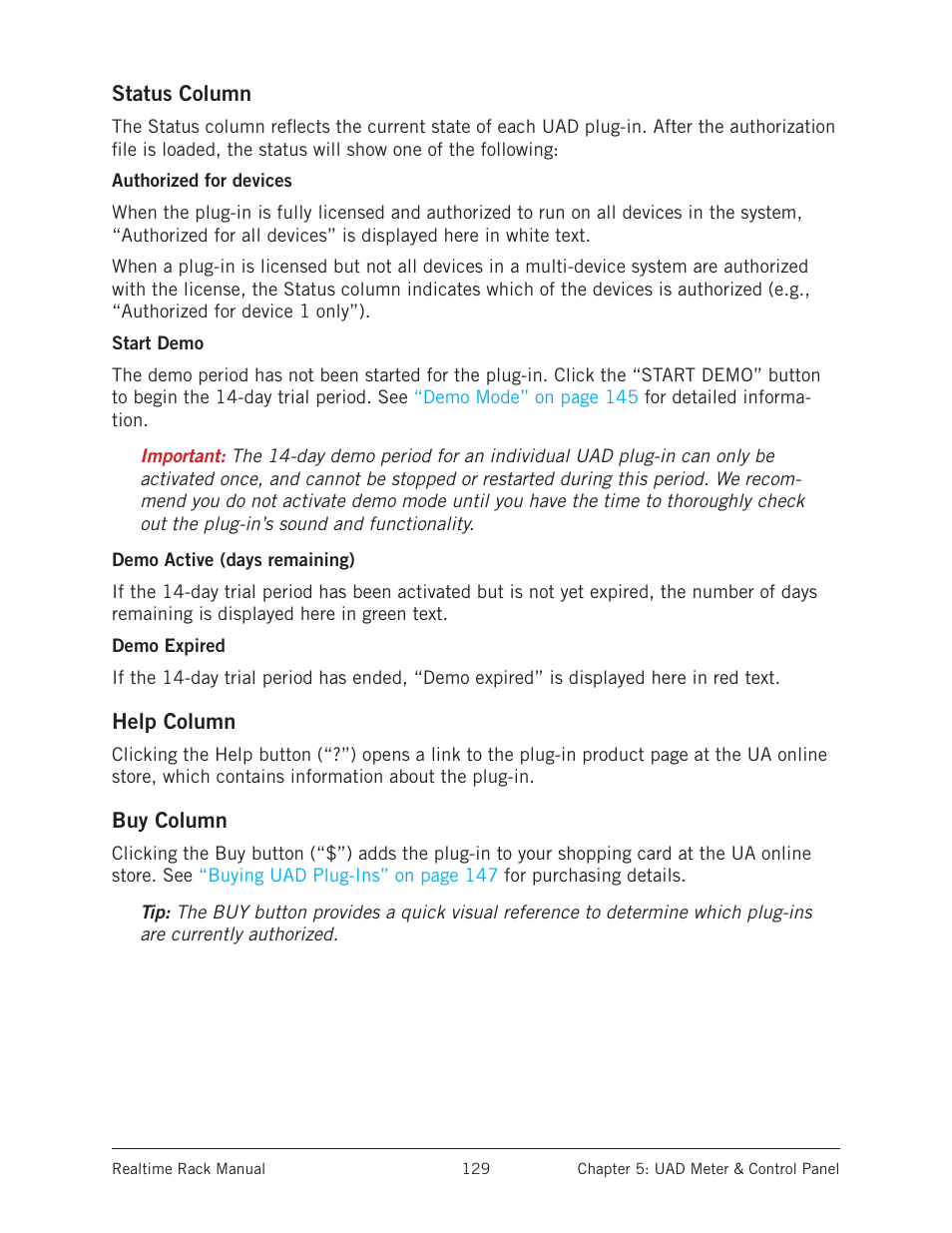 Status column, Authorized for devices, Start demo | Demo active (days remaining), Demo expired, Help column, Buy column, Help column buy column | Universal Audio Realtime Rack User Manual | Page 129 / 155