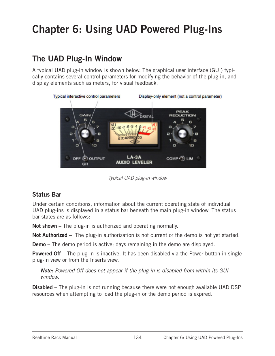 Chapter 6: using uad powered plug-ins, The uad plug-in window, Status bar | Just controls) see | Universal Audio Realtime Rack User Manual | Page 134 / 155