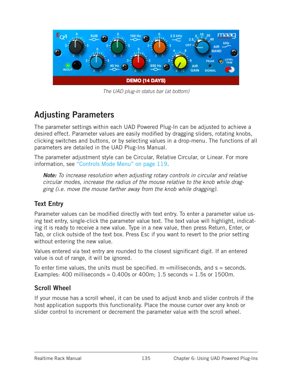 Adjusting parameters, Text entry, Scroll wheel | Text entry scroll wheel | Universal Audio Realtime Rack User Manual | Page 135 / 155