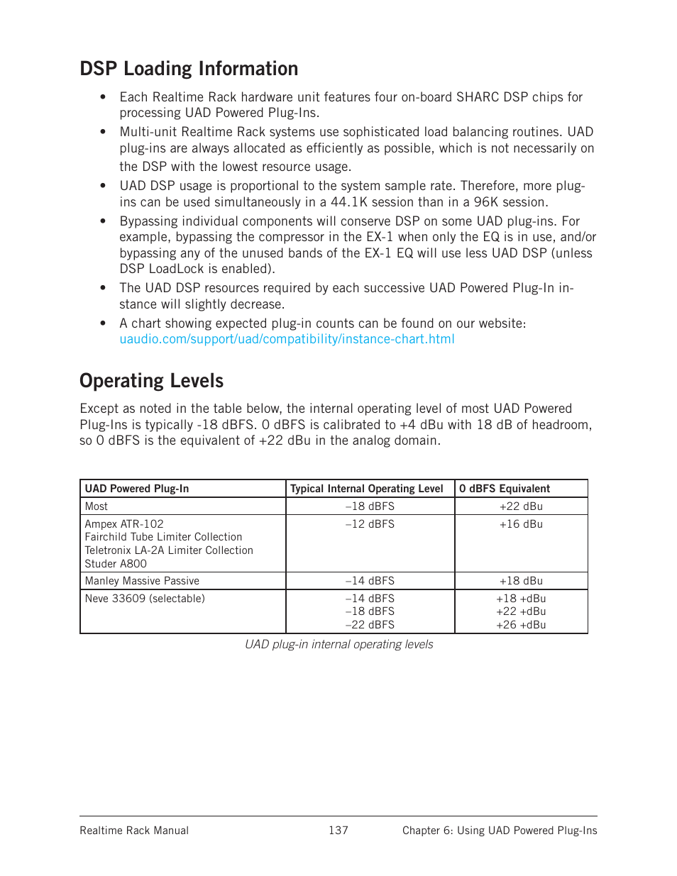 Dsp loading information, Operating levels, Dsp loading information operating levels | Universal Audio Realtime Rack User Manual | Page 137 / 155