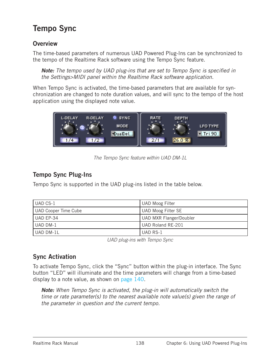 Tempo sync, Overview, Tempo sync plug-ins | Sync activation, Overview tempo sync plug-ins sync activation | Universal Audio Realtime Rack User Manual | Page 138 / 155