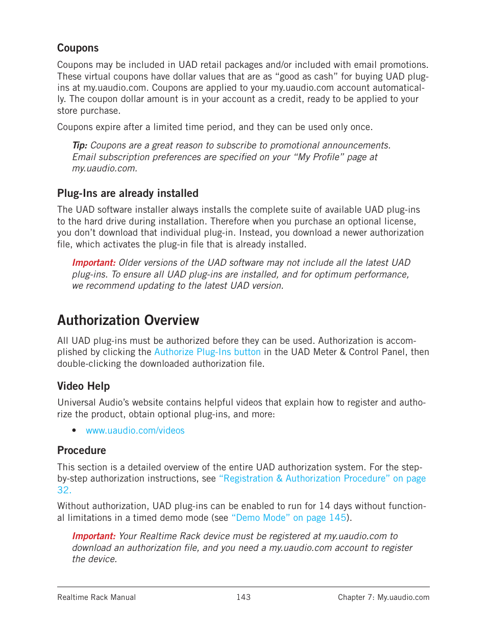 Coupons, Plug-ins are already installed, Authorization overview | Video help, Procedure, Coupons plug-ins are already installed, Video help procedure, Tailed information, see, For complete details, see | Universal Audio Realtime Rack User Manual | Page 143 / 155