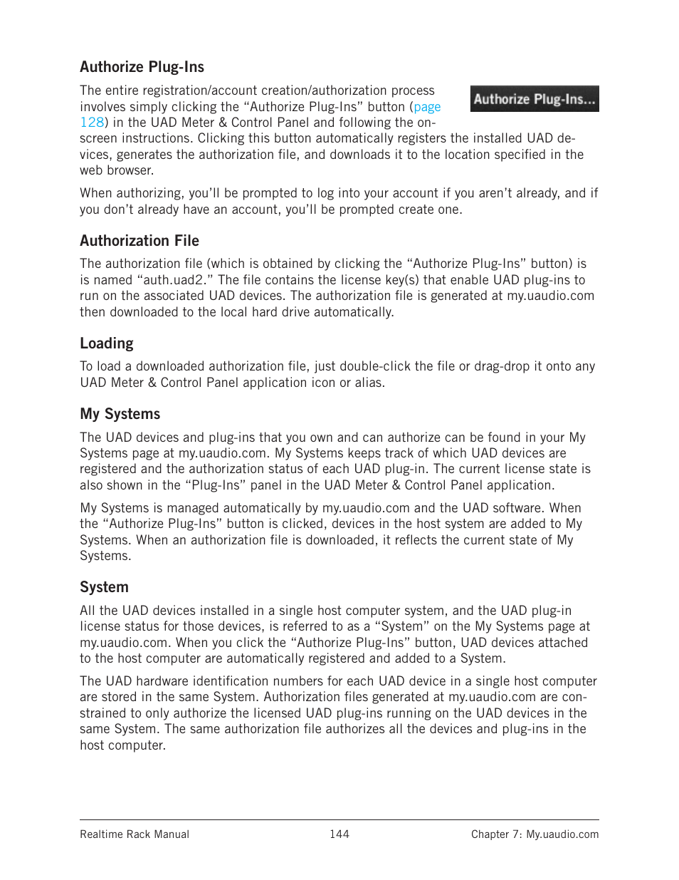 Authorize plug-ins, Authorization file, Loading | My systems, System | Universal Audio Realtime Rack User Manual | Page 144 / 155