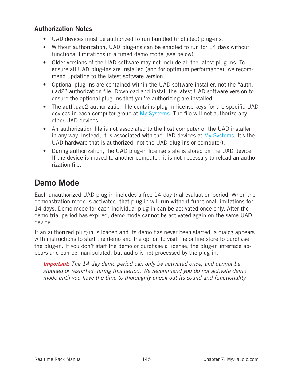 Authorization notes, Demo mode, Demonstration mode | Tions in a timed, Al limitations in a timed demo mode (see | Universal Audio Realtime Rack User Manual | Page 145 / 155