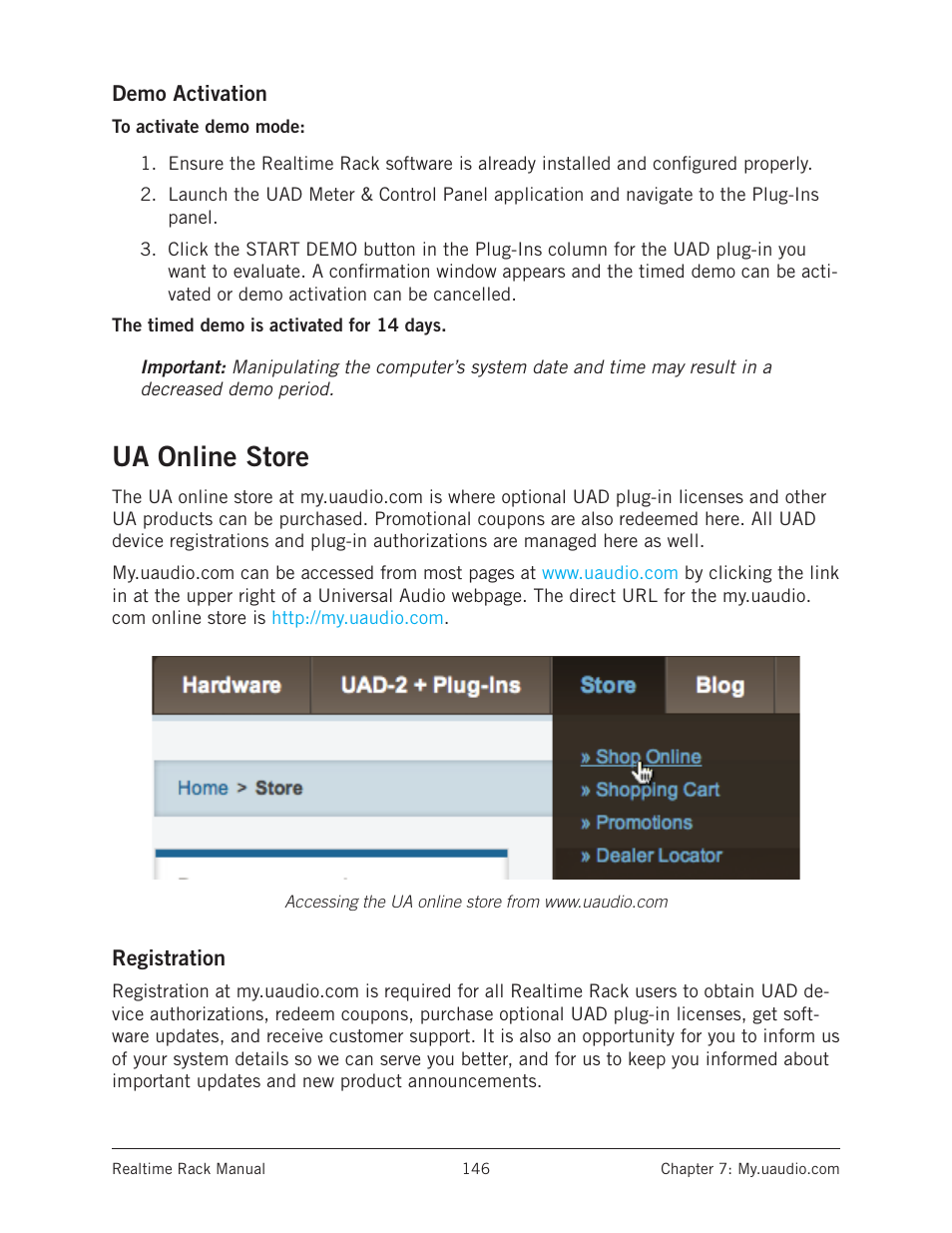 Demo activation, Ua online store, Registration | Universal Audio Realtime Rack User Manual | Page 146 / 155