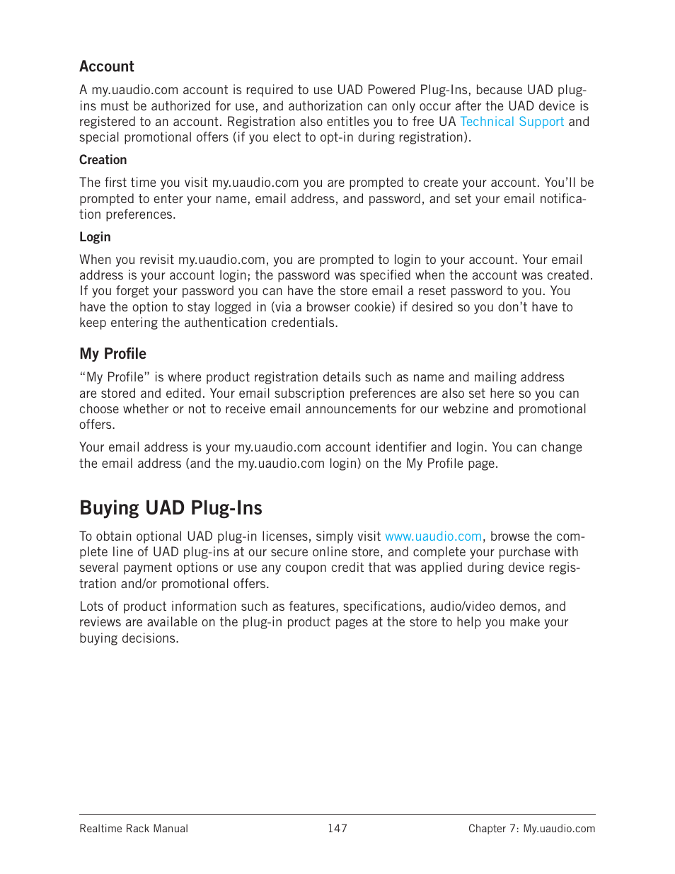 Account, Creation, Login | My profile, Buying uad plug-ins, Creation login | Universal Audio Realtime Rack User Manual | Page 147 / 155