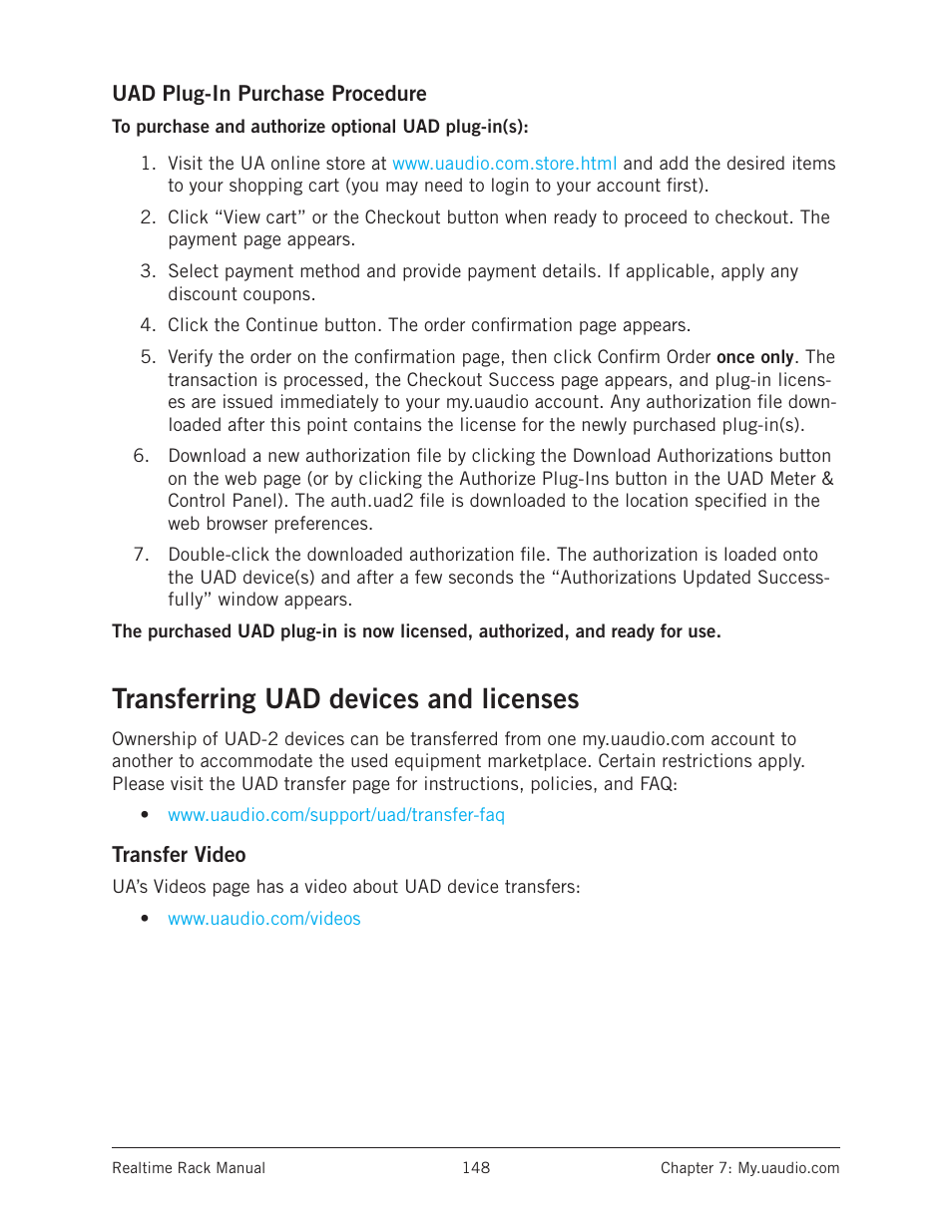 Uad plug-in purchase procedure, Transferring uad devices and licenses, Transfer video | Universal Audio Realtime Rack User Manual | Page 148 / 155