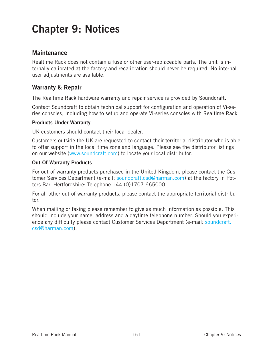 Chapter 9: notices, Maintenance, Warranty & repair | Products under warranty, Out-of-warranty products, Maintenance warranty & repair, Products under warranty out-of-warranty products | Universal Audio Realtime Rack User Manual | Page 151 / 155