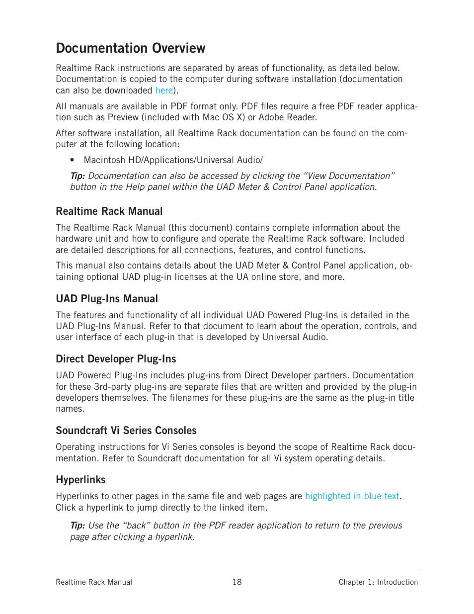 Documentation overview, Realtime rack manual, Uad plug-ins manual | Direct developer plug-ins, Soundcraft vi series consoles, Hyperlinks, Which is | Universal Audio Realtime Rack User Manual | Page 18 / 155