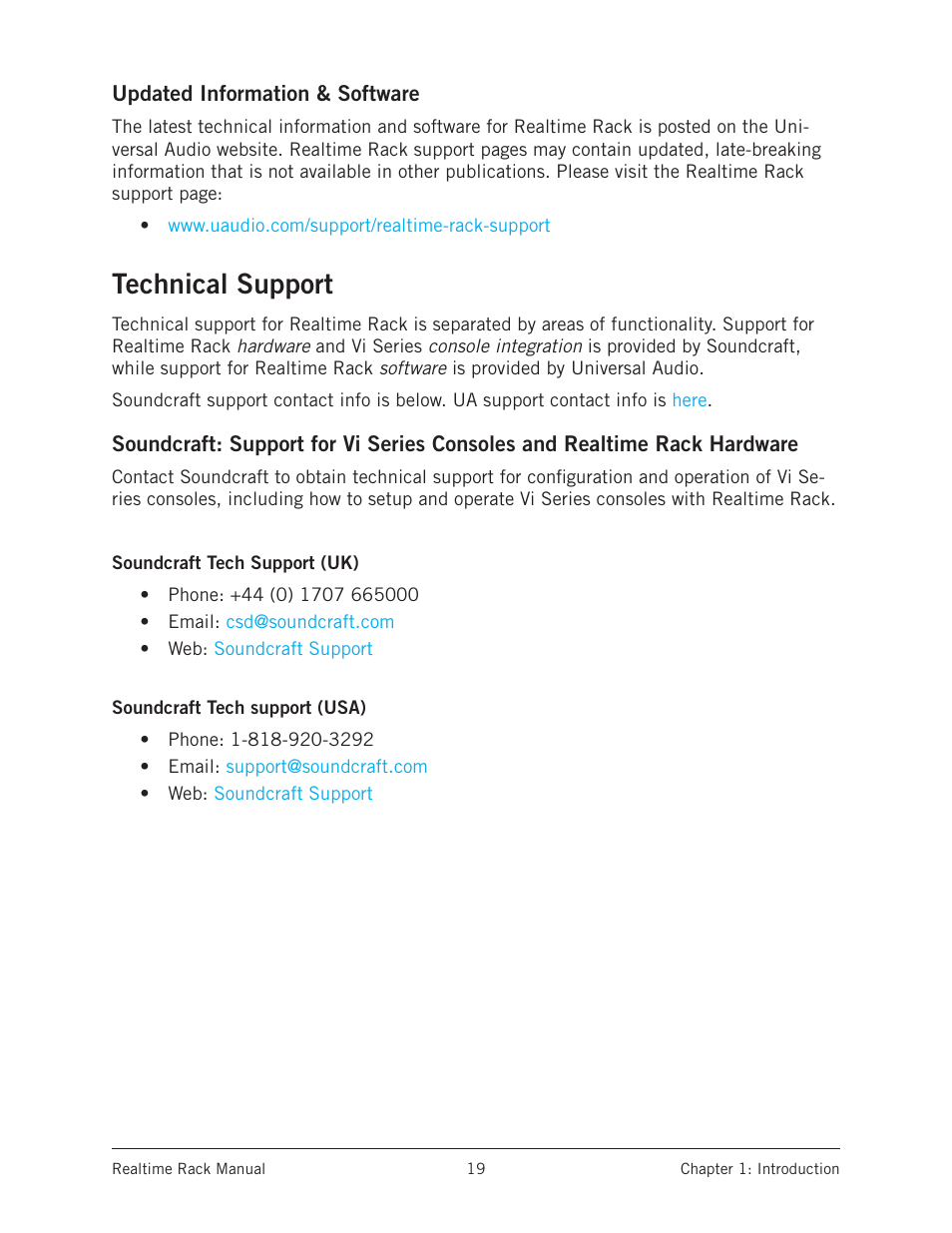 Updated information & software, Technical support, Soundcraft tech support (uk) | Soundcraft tech support (usa) | Universal Audio Realtime Rack User Manual | Page 19 / 155