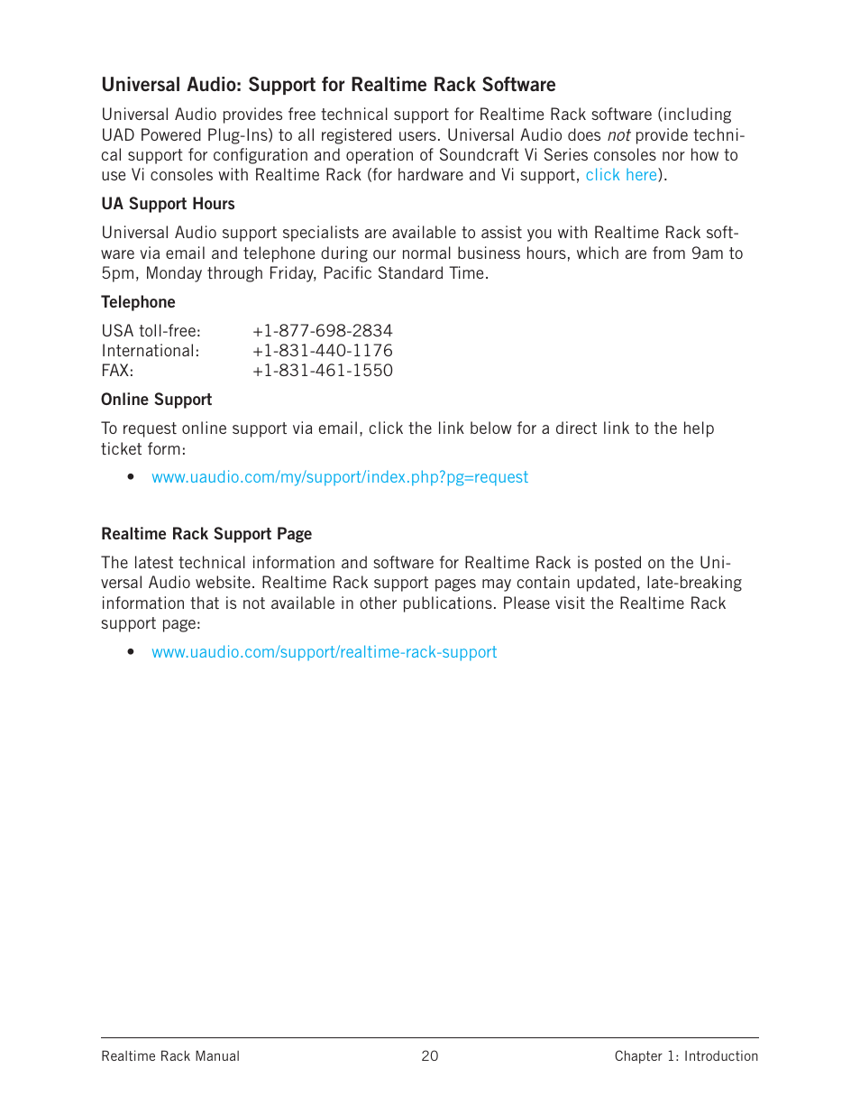 Ua support hours, Telephone, Online support | Universal Audio Realtime Rack User Manual | Page 20 / 155