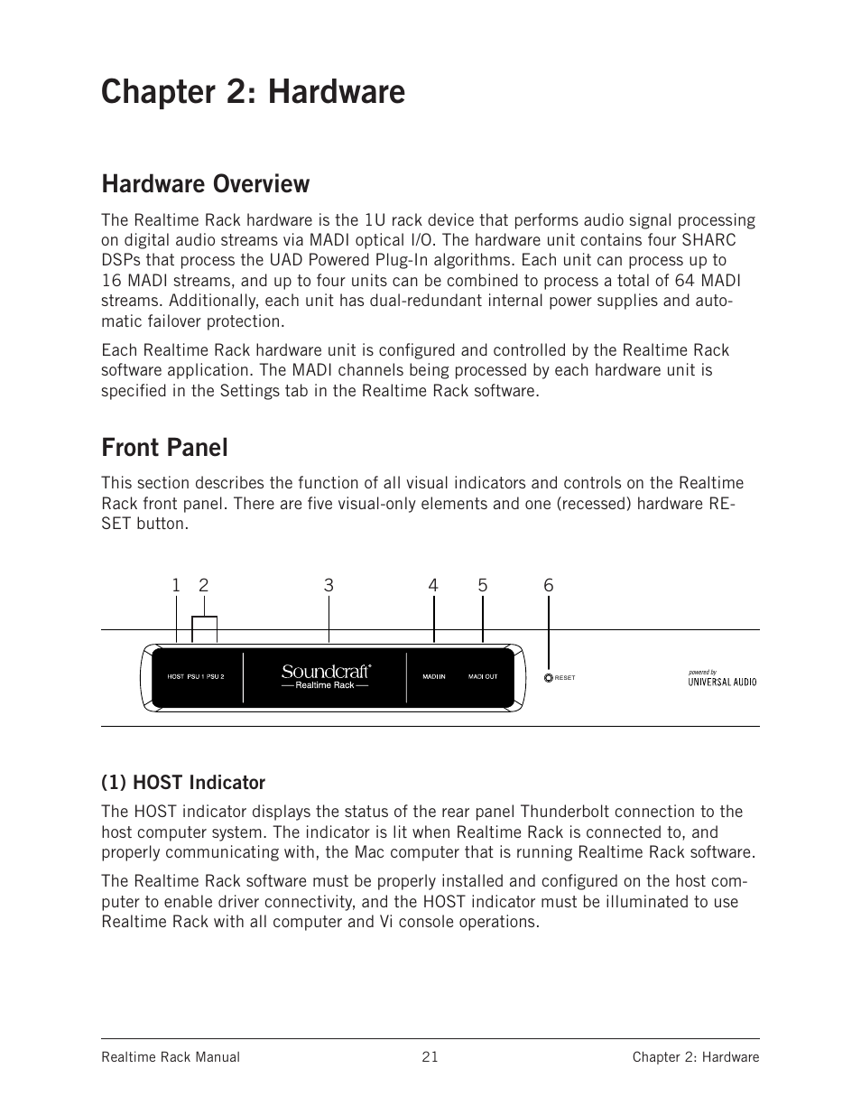 Chapter 2: hardware, Hardware overview, Front panel | 1) host indicator, Hardware overview front panel, For complete hardware details, see | Universal Audio Realtime Rack User Manual | Page 21 / 155