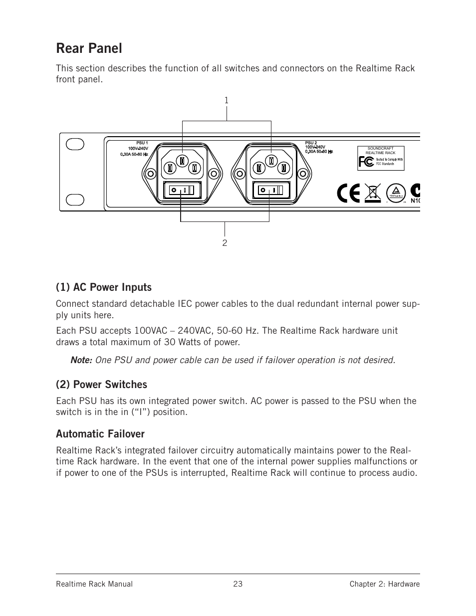 Rear panel, 1) ac power inputs, 2) power switches | Automatic failover | Universal Audio Realtime Rack User Manual | Page 23 / 155
