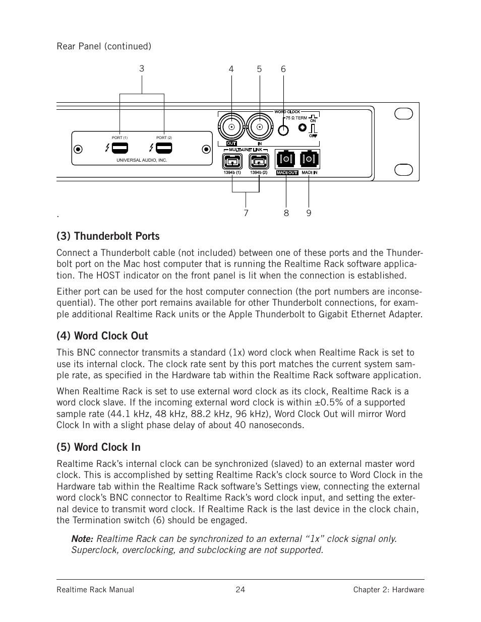 3) thunderbolt ports, 4) word clock out, 5) word clock in | Rear panel (continued) | Universal Audio Realtime Rack User Manual | Page 24 / 155