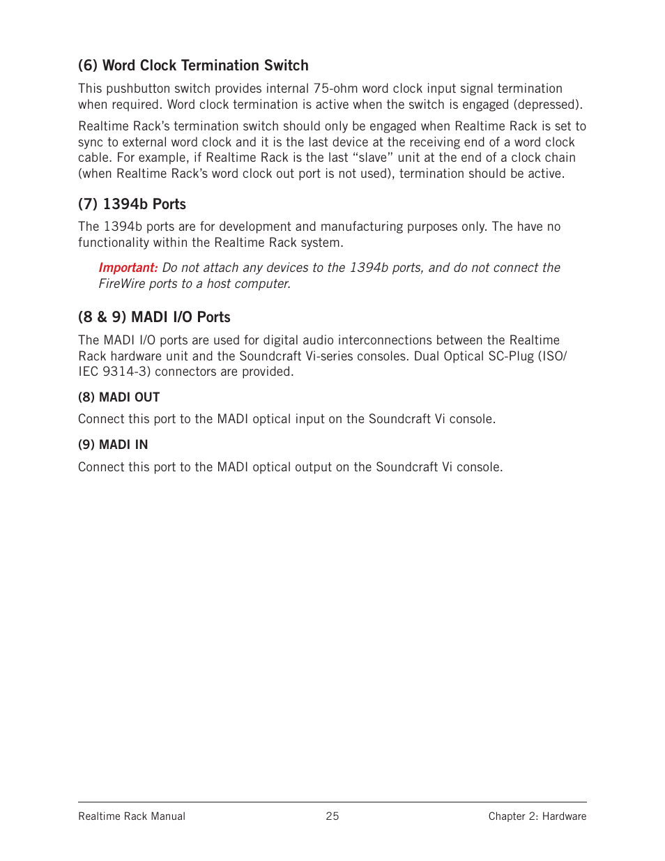 6) word clock termination switch, 7) 1394b ports, 8 & 9) madi i/o ports | 8) madi out, 9) madi in, 8) madi out (9) madi in | Universal Audio Realtime Rack User Manual | Page 25 / 155