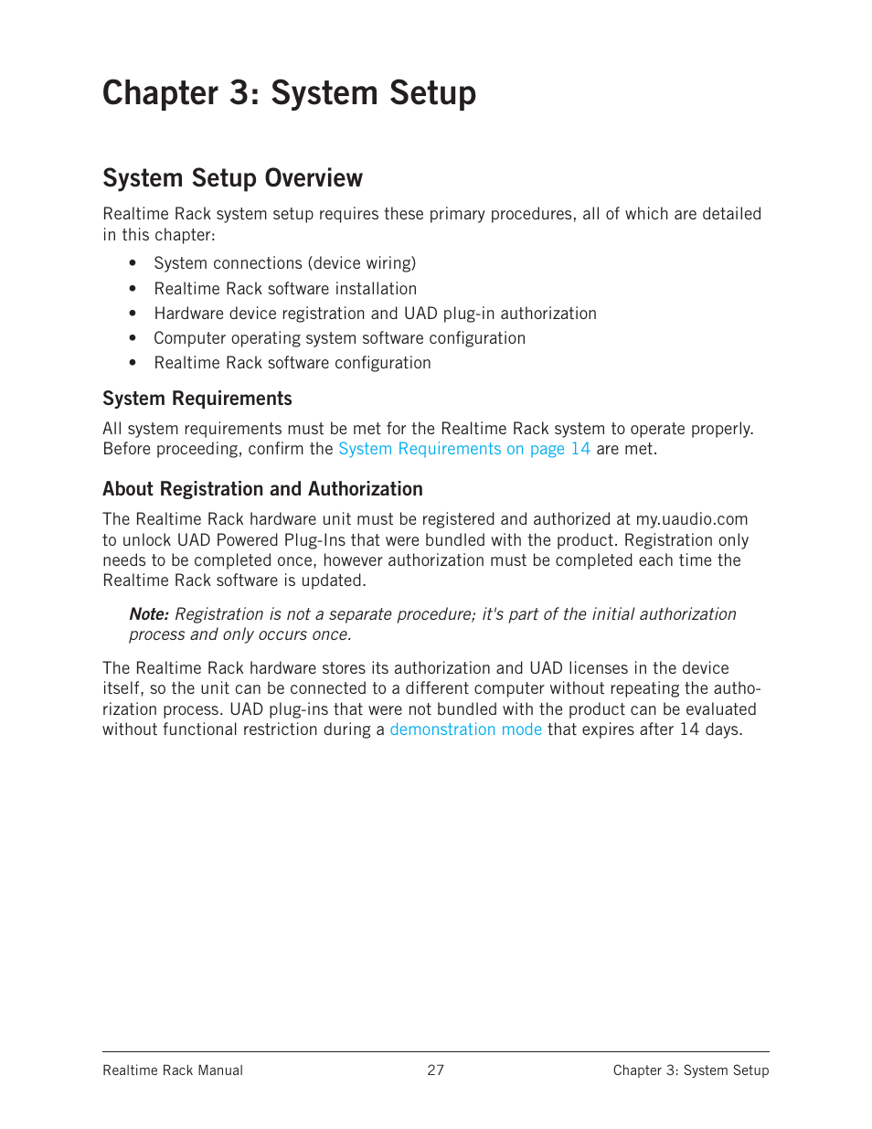 Chapter 3: system setup, System setup overview, System requirements | About registration and authorization | Universal Audio Realtime Rack User Manual | Page 27 / 155