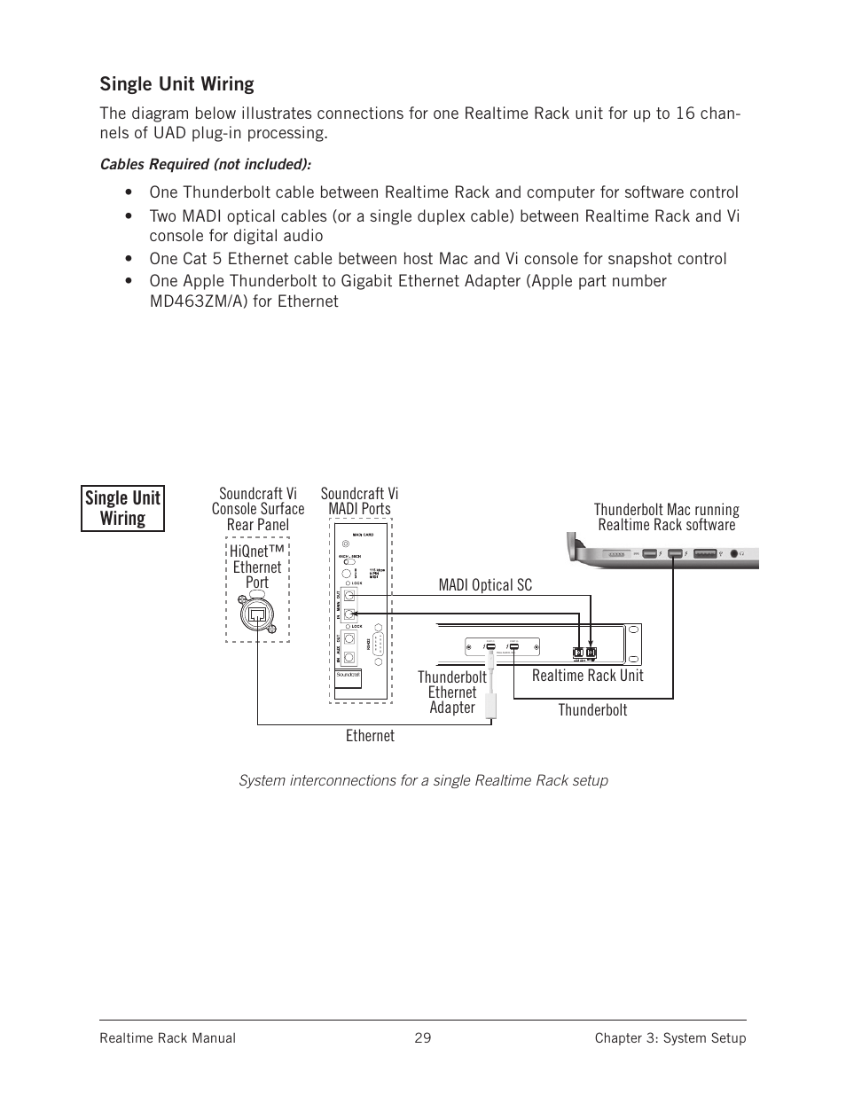 Single unit wiring, Single unit wiring multi-unit wiring, Hiqnet™ ethernet port hiqnet™ ethernet port | Cables required (not included), Realtime rack manual chapter 3: system setup 29 | Universal Audio Realtime Rack User Manual | Page 29 / 155