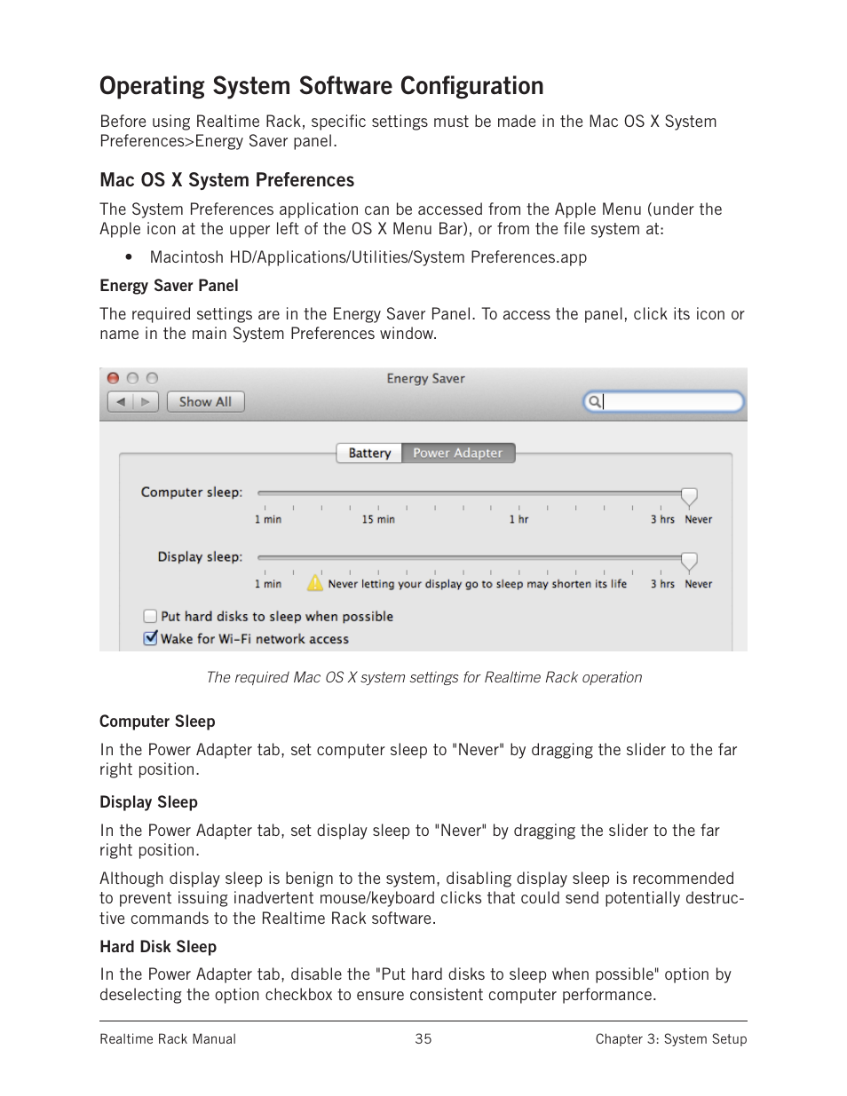 Operating system software configuration, Mac os x system preferences, Energy saver panel | Computer sleep, Display sleep, Energy saver panel computer sleep display sleep, Operating system software, Operating system | Universal Audio Realtime Rack User Manual | Page 35 / 155