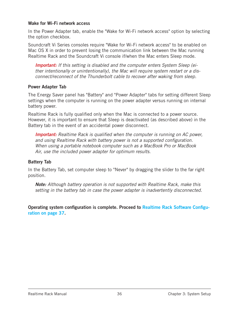 Wake for wi-fi network access, Power adapter tab, Battery tab | Universal Audio Realtime Rack User Manual | Page 36 / 155