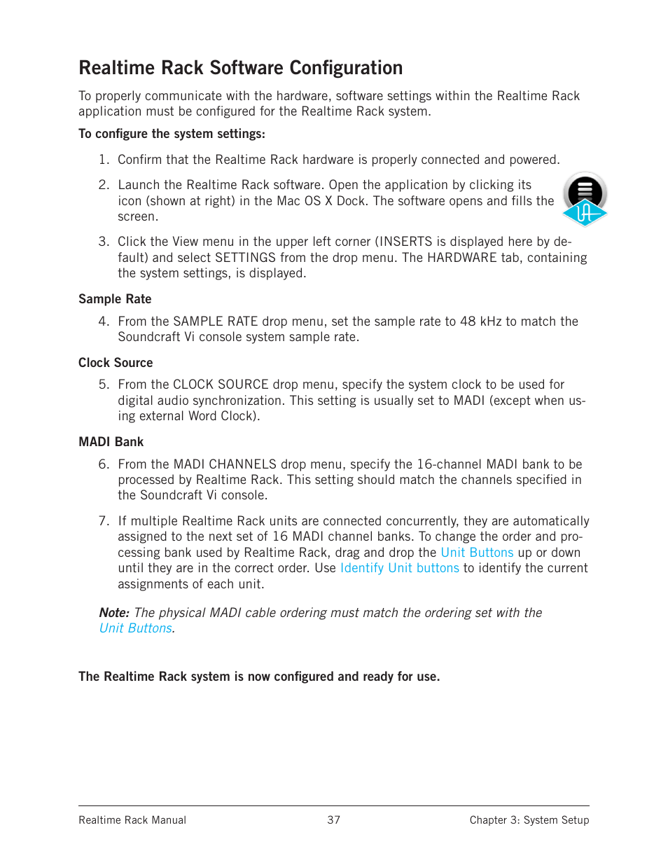 Realtime rack software configuration, Sample rate, Clock source | Madi bank, Clock source madi bank | Universal Audio Realtime Rack User Manual | Page 37 / 155