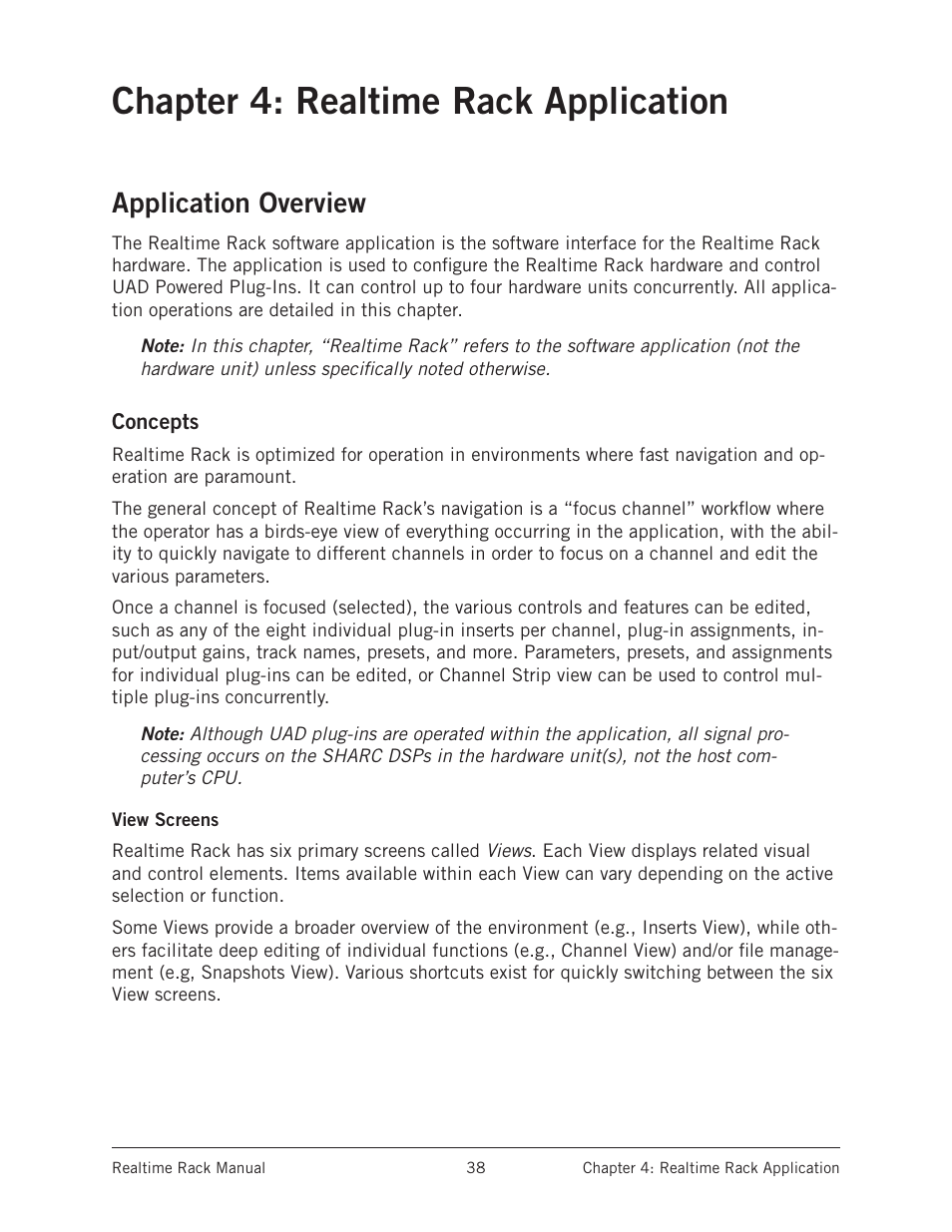 Chapter 4: realtime rack application, Application overview, Concepts | View screens, Chapter 4: realtime rack ap | Universal Audio Realtime Rack User Manual | Page 38 / 155