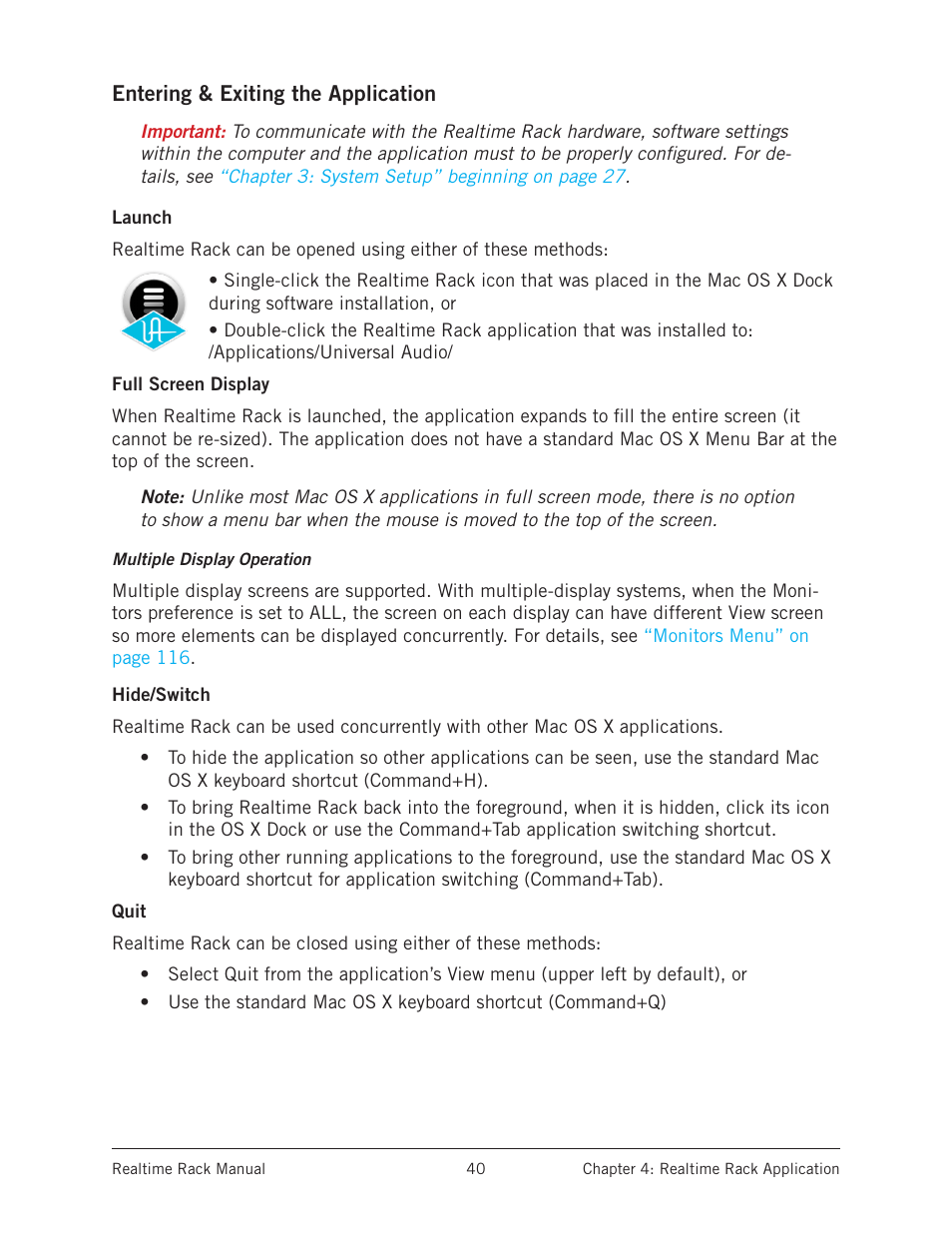 Entering & exiting the application, Launch, Full screen display | Hide/switch, Quit, Launch full screen display hide/switch quit | Universal Audio Realtime Rack User Manual | Page 40 / 155