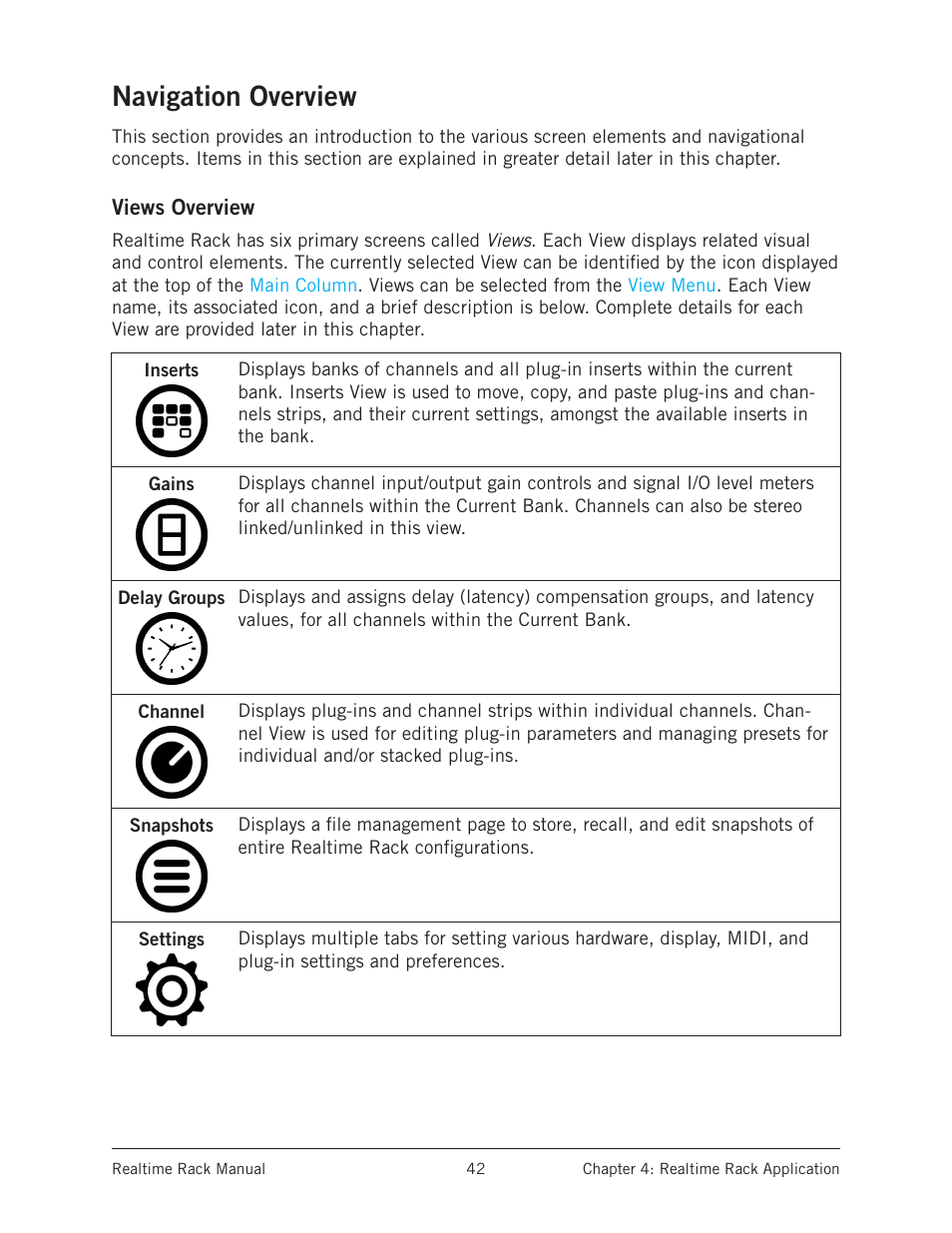 Navigation overview, Views overview, Inserts | Gains, Delay groups, Channel, Snapshots, Settings | Universal Audio Realtime Rack User Manual | Page 42 / 155