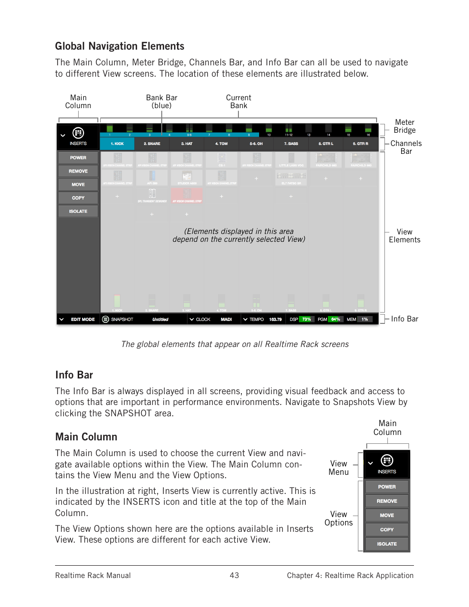Global navigation elements, Info bar, Main column | Global navigation elements info bar main column | Universal Audio Realtime Rack User Manual | Page 43 / 155