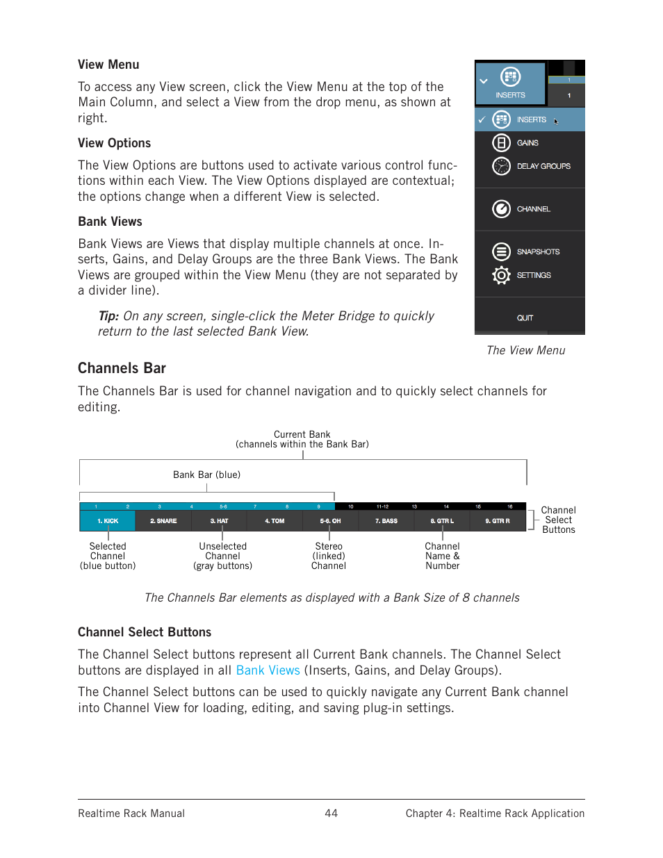 View menu, View options, Bank views | Channels bar, Channel select buttons, View menu view options bank views | Universal Audio Realtime Rack User Manual | Page 44 / 155