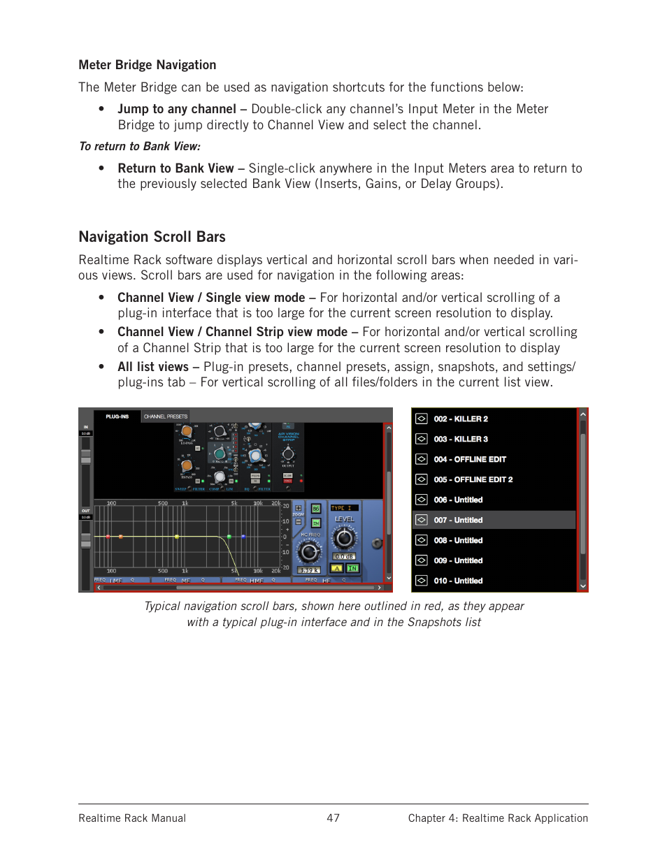 Meter bridge navigation, Navigation scroll bars | Universal Audio Realtime Rack User Manual | Page 47 / 155