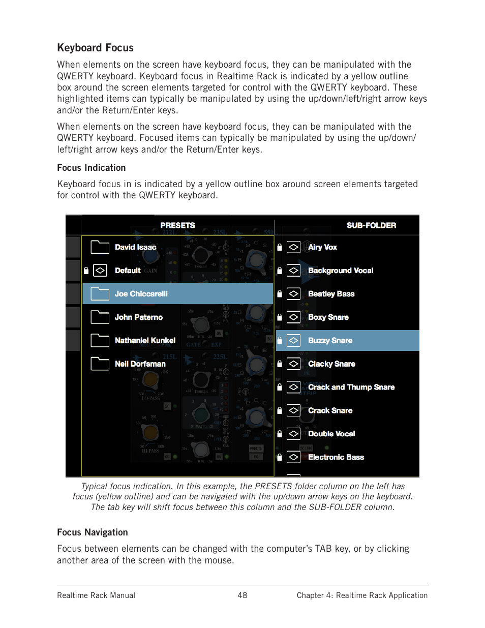 Keyboard focus, Focus indication, Focus navigation | Universal Audio Realtime Rack User Manual | Page 48 / 155