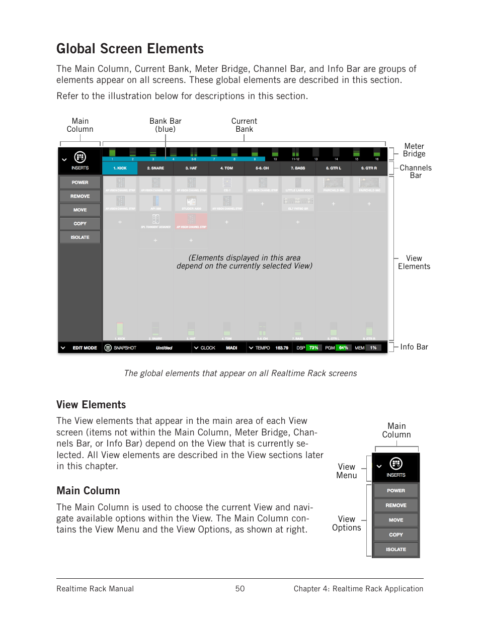 Global screen elements, View elements, Main column | View elements main column | Universal Audio Realtime Rack User Manual | Page 50 / 155