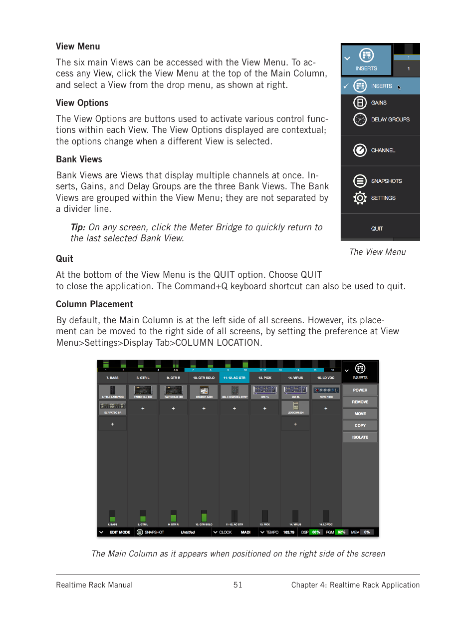 View menu, View options, Bank views | Quit, Column placement, Iews can be selected from the, Each v | Universal Audio Realtime Rack User Manual | Page 51 / 155