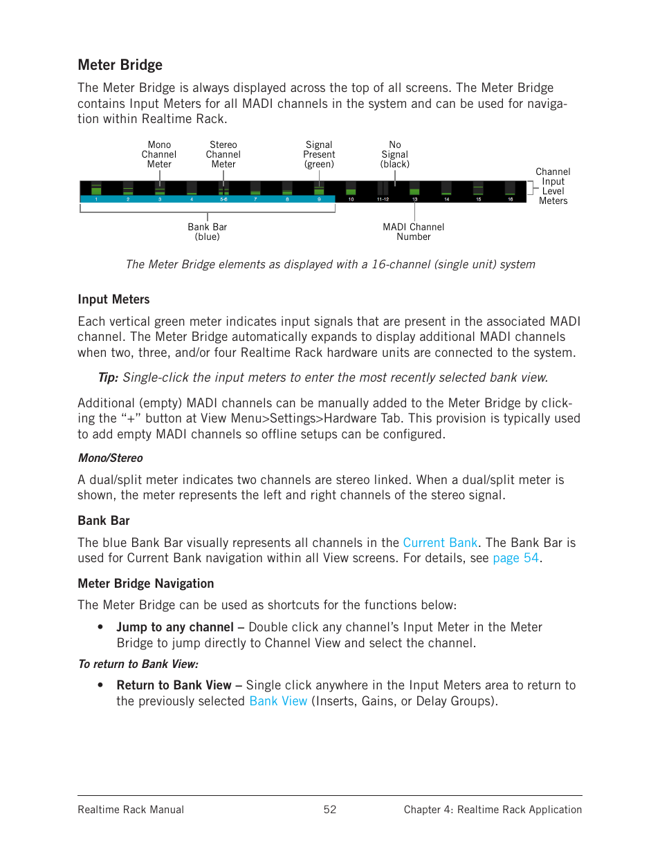 Meter bridge, Input meters, Bank bar | Meter bridge navigation, Input meters bank bar meter bridge navigation | Universal Audio Realtime Rack User Manual | Page 52 / 155