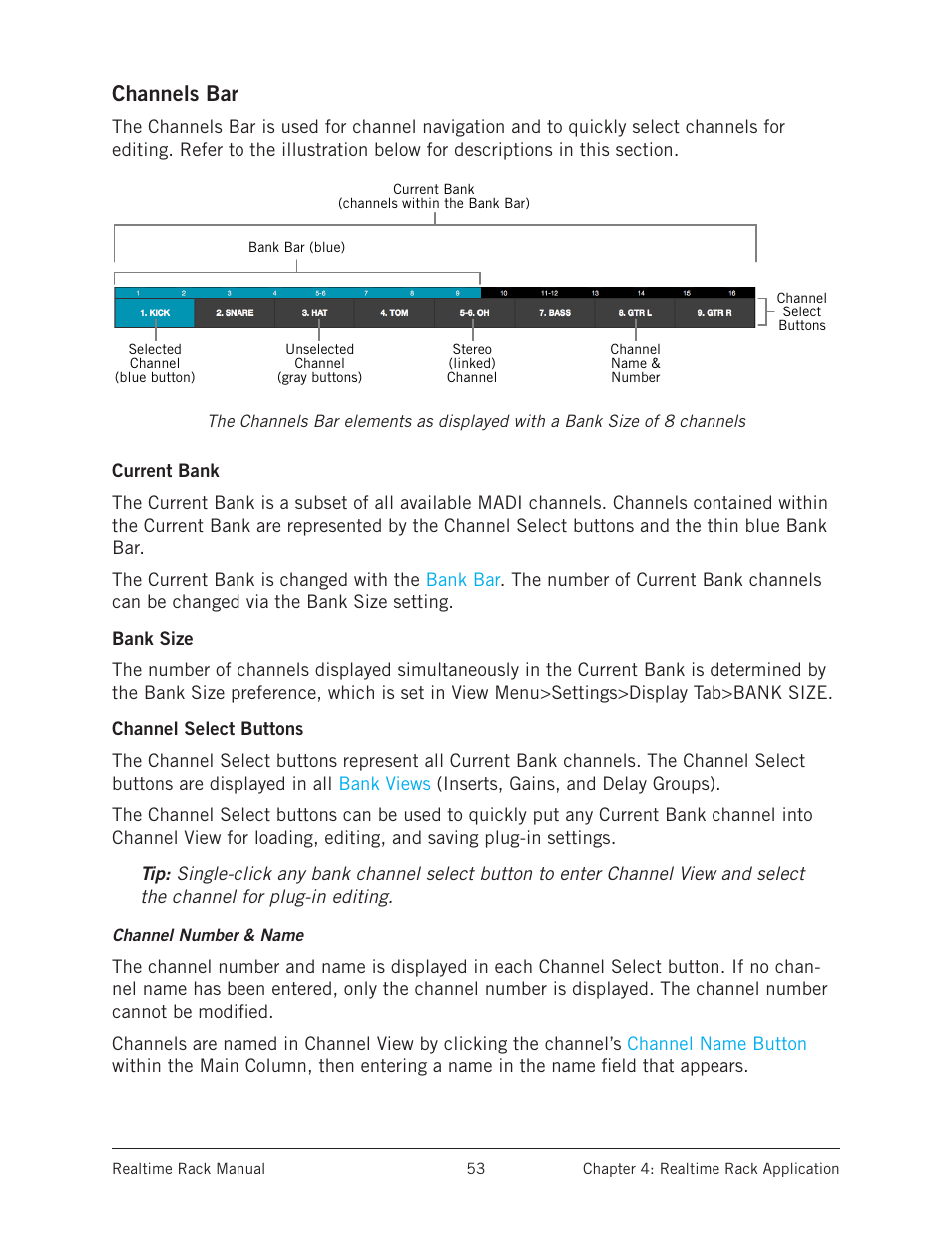 Channels bar, Current bank, Bank size | Channel select buttons, Current bank bank size channel select buttons, By the, In the, And the, The bank bar is | Universal Audio Realtime Rack User Manual | Page 53 / 155