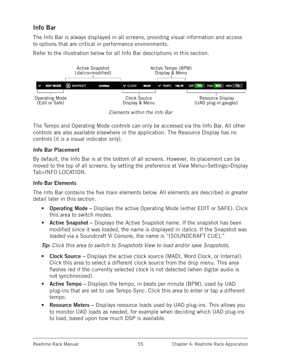 Info bar, Info bar placement, Info bar elements | Info bar placement info bar elements | Universal Audio Realtime Rack User Manual | Page 55 / 155