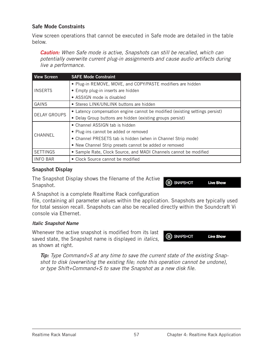 Safe mode constraints, Snapshot display, Safe mode constraints snapshot display | Universal Audio Realtime Rack User Manual | Page 57 / 155