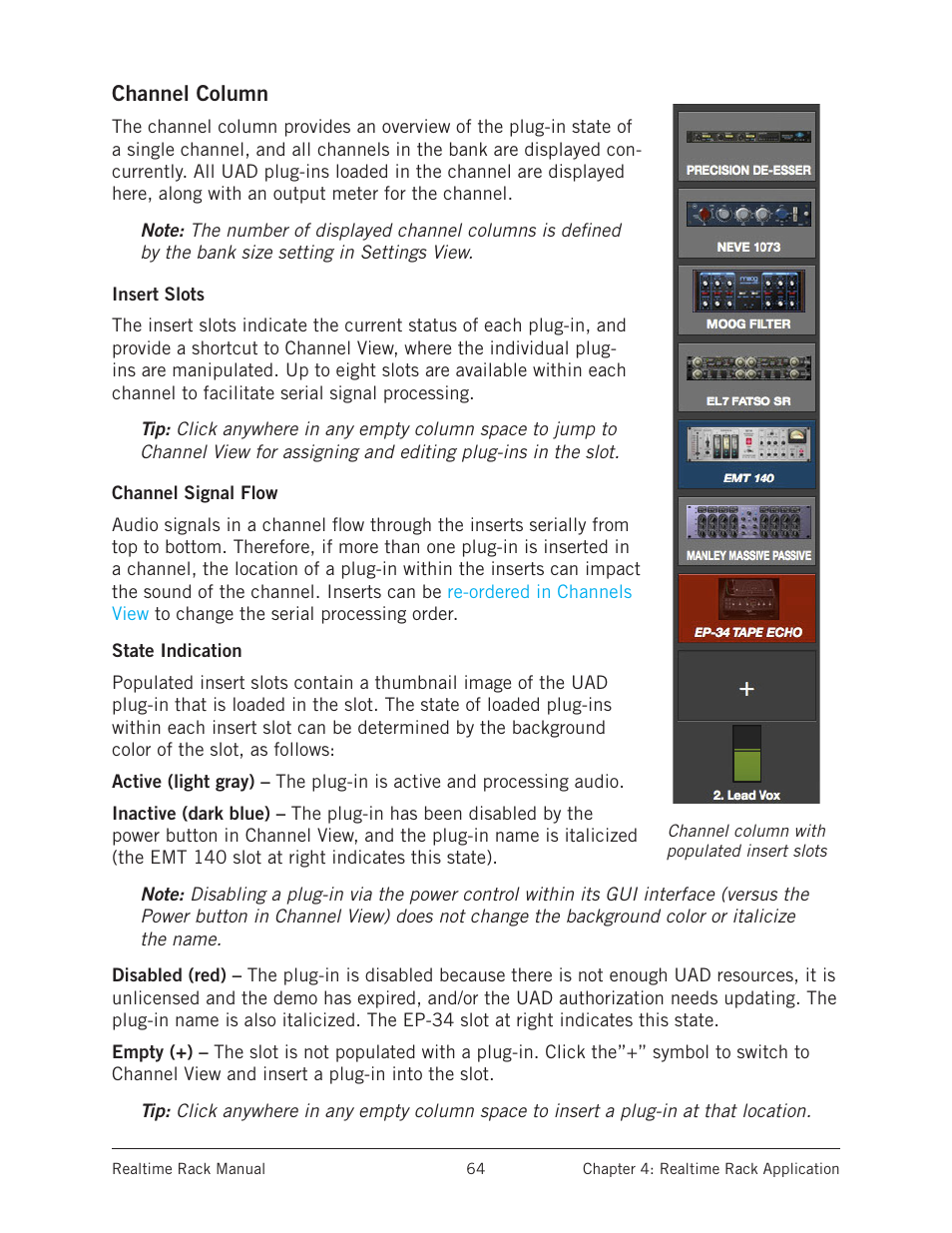 Channel column, Insert slots, Channel signal flow | State indication, Insert slots channel signal flow state indication | Universal Audio Realtime Rack User Manual | Page 64 / 155