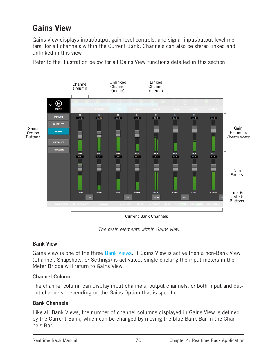 Gains view, Bank view, Channel column | Bank channels, Bank view channel column bank channels | Universal Audio Realtime Rack User Manual | Page 70 / 155