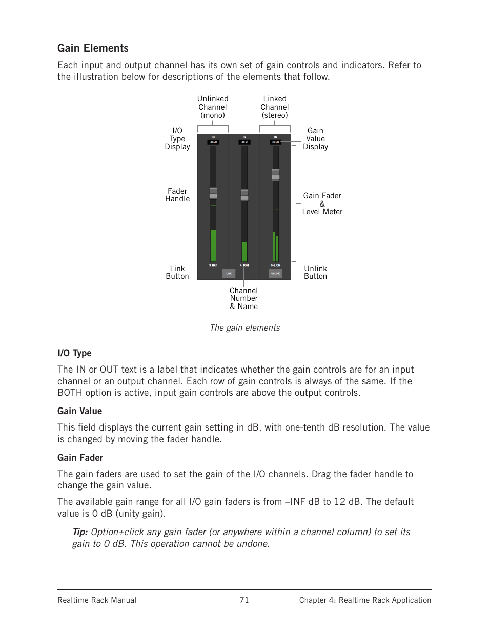 Gain elements, I/o type, Gain value | Gain fader, I/o type gain value gain fader | Universal Audio Realtime Rack User Manual | Page 71 / 155