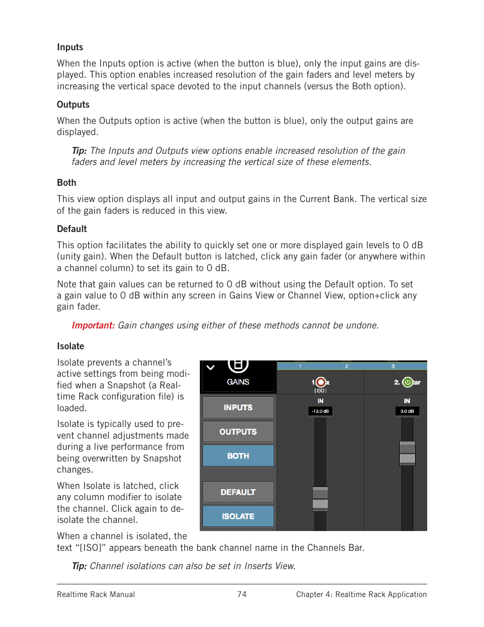 Inputs, Outputs, Both | Default, Isolate, Inputs outputs both default isolate | Universal Audio Realtime Rack User Manual | Page 74 / 155