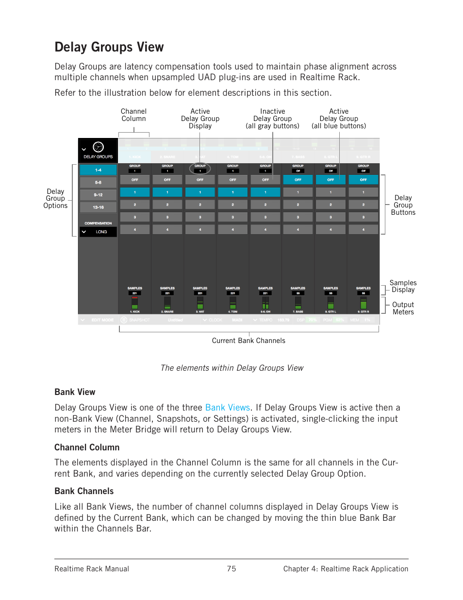 Delay groups view, Bank view, Channel column | Bank channels, Bank view channel column bank channels | Universal Audio Realtime Rack User Manual | Page 75 / 155