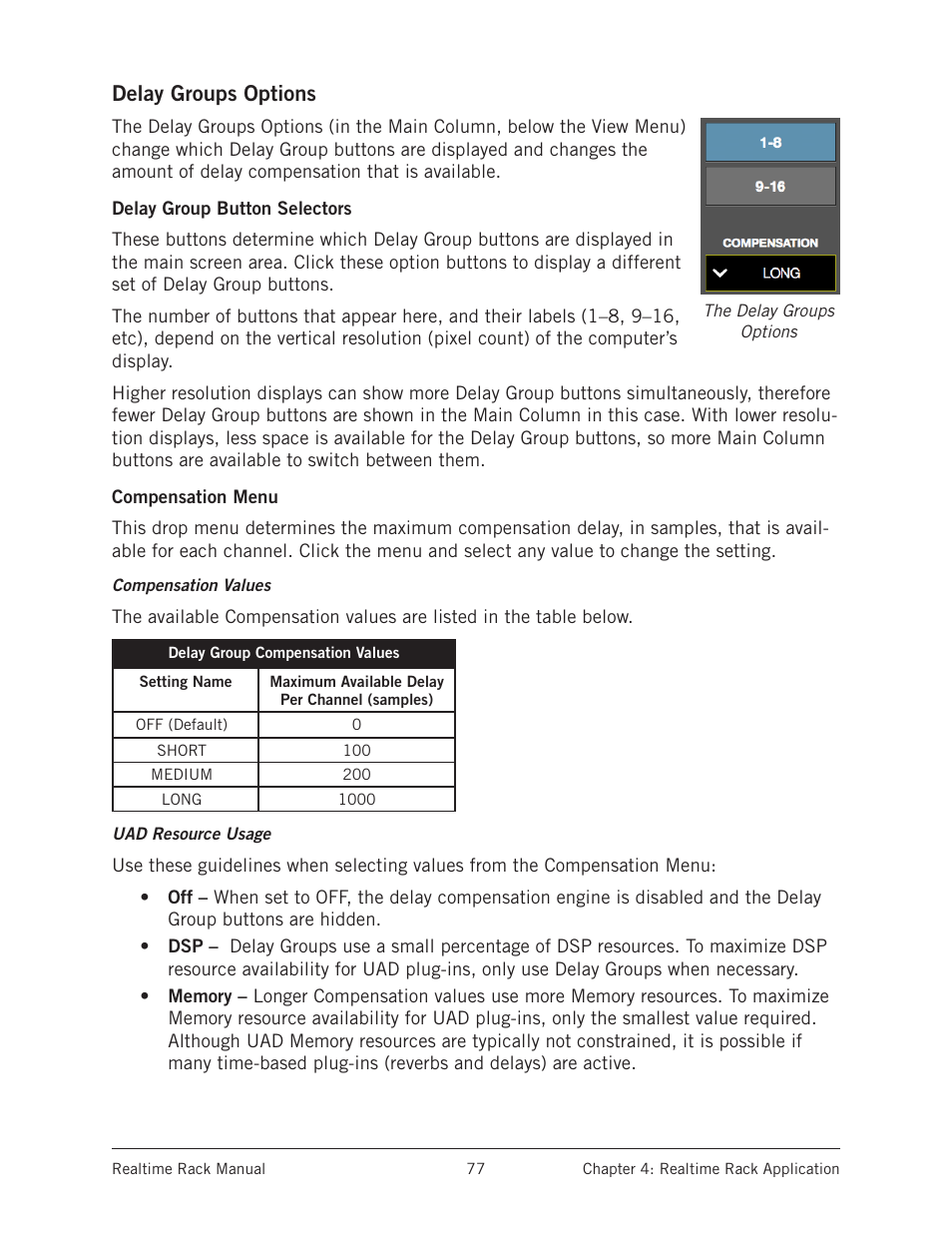 Delay groups options, Delay group button selectors, Compensation menu | Delay group button selectors compensation menu | Universal Audio Realtime Rack User Manual | Page 77 / 155