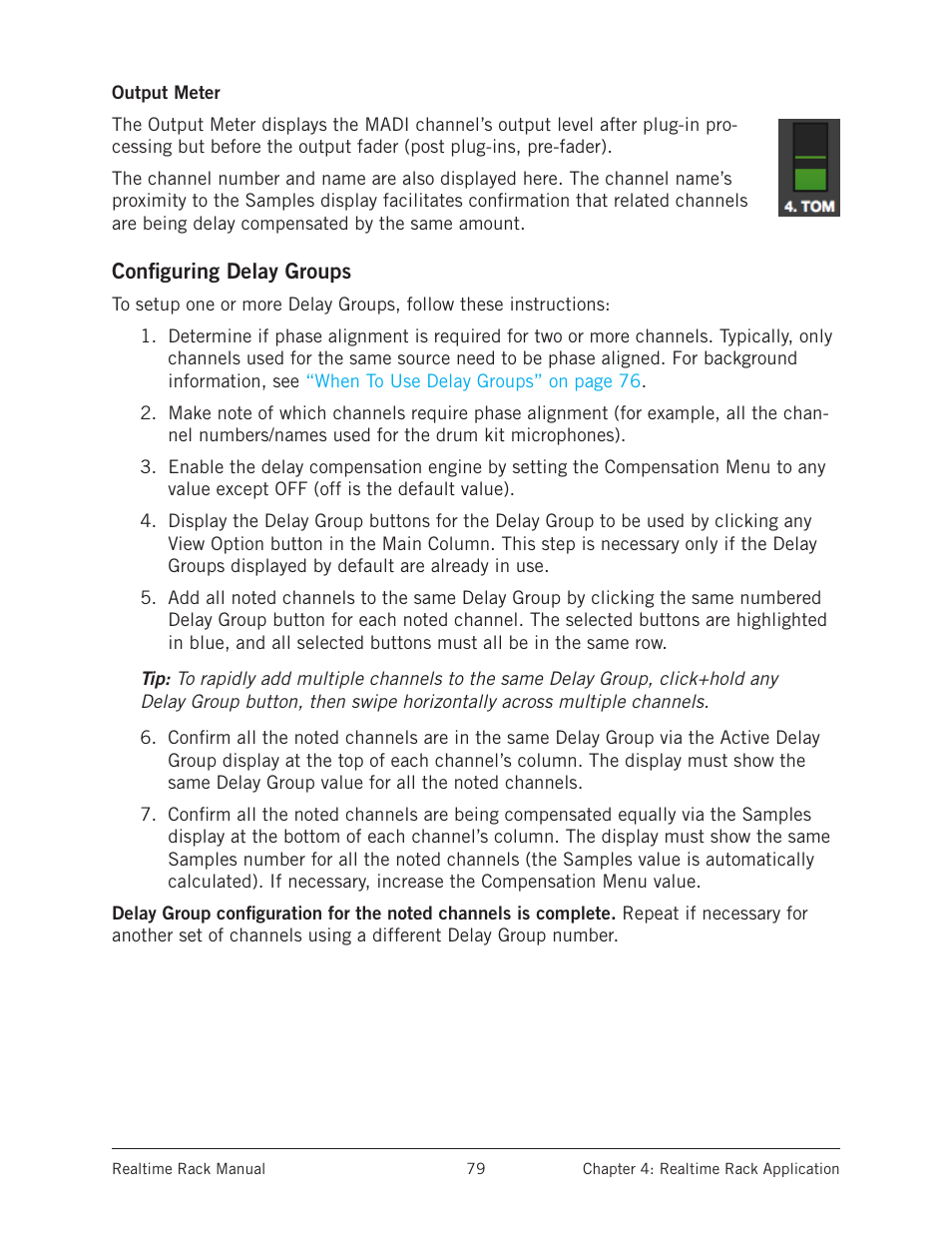 Output meter, Configuring delay groups, Config | Universal Audio Realtime Rack User Manual | Page 79 / 155