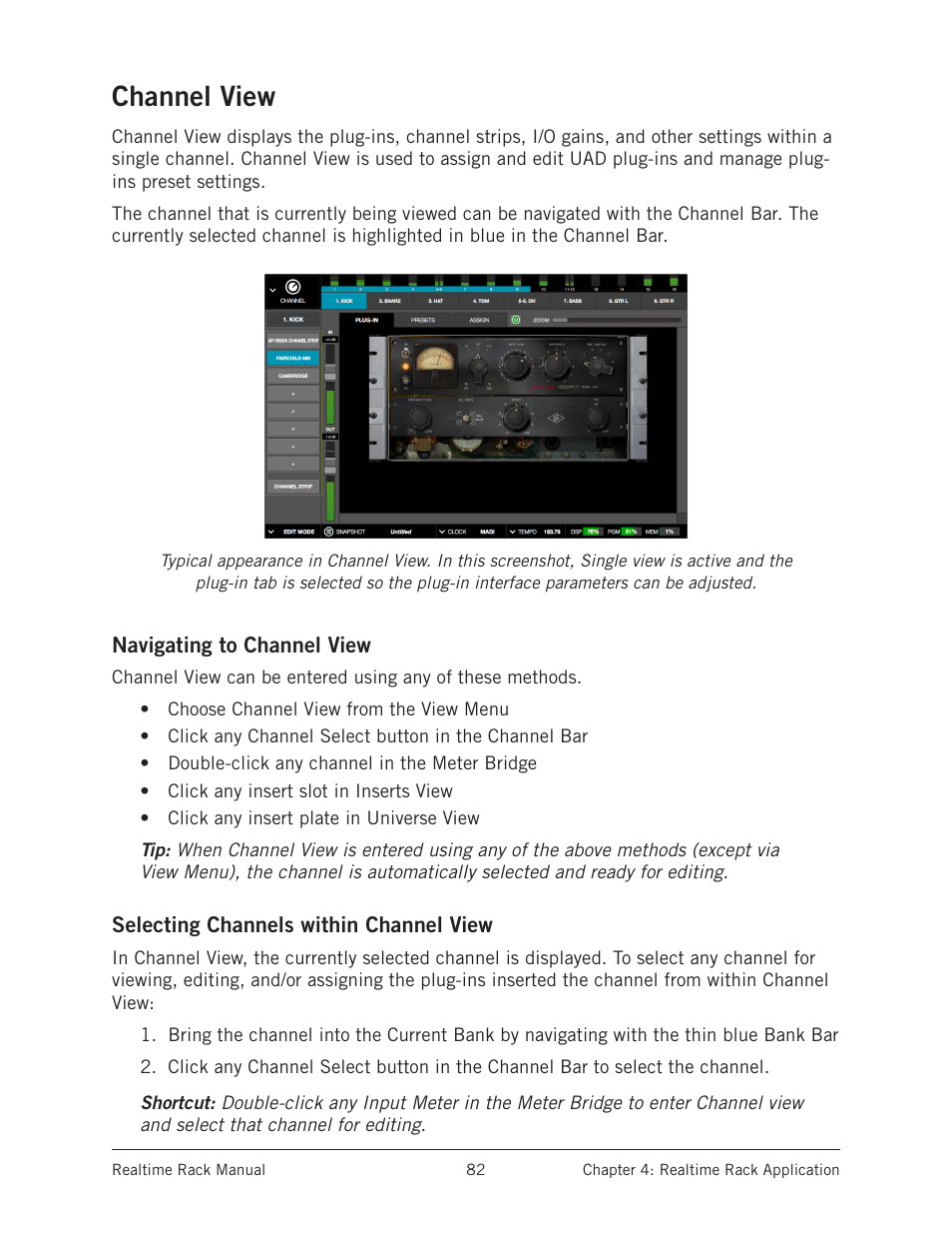 Channel view, Navigating to channel view, Selecting channels within channel view | Universal Audio Realtime Rack User Manual | Page 82 / 155