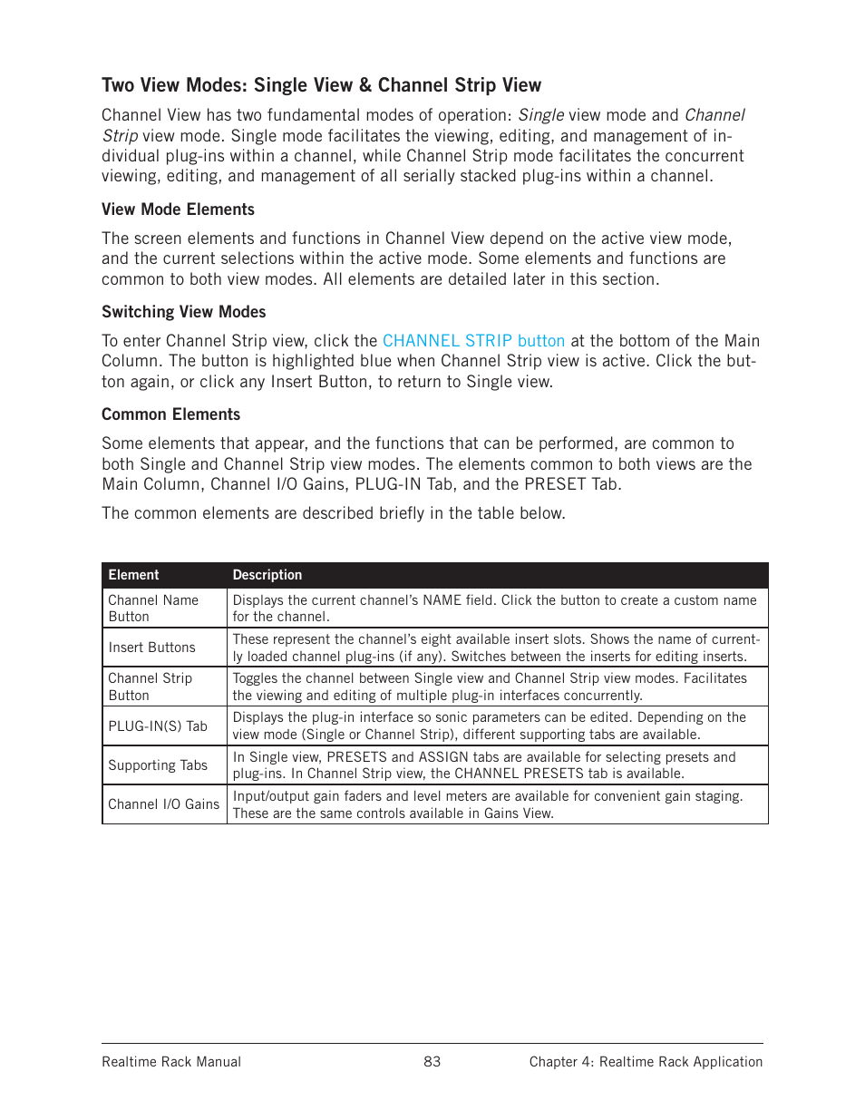 Two view modes: single view & channel strip view, View mode elements, Switching view modes | Common elements | Universal Audio Realtime Rack User Manual | Page 83 / 155