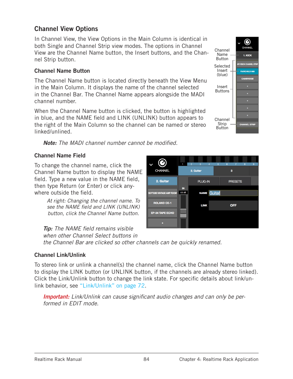 Channel view options, Channel name button, Channel name field | Channel link/unlink | Universal Audio Realtime Rack User Manual | Page 84 / 155