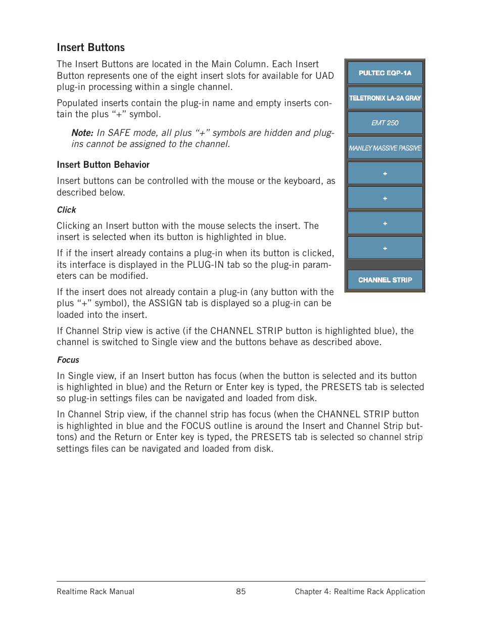 Insert buttons, Insert button behavior | Universal Audio Realtime Rack User Manual | Page 85 / 155